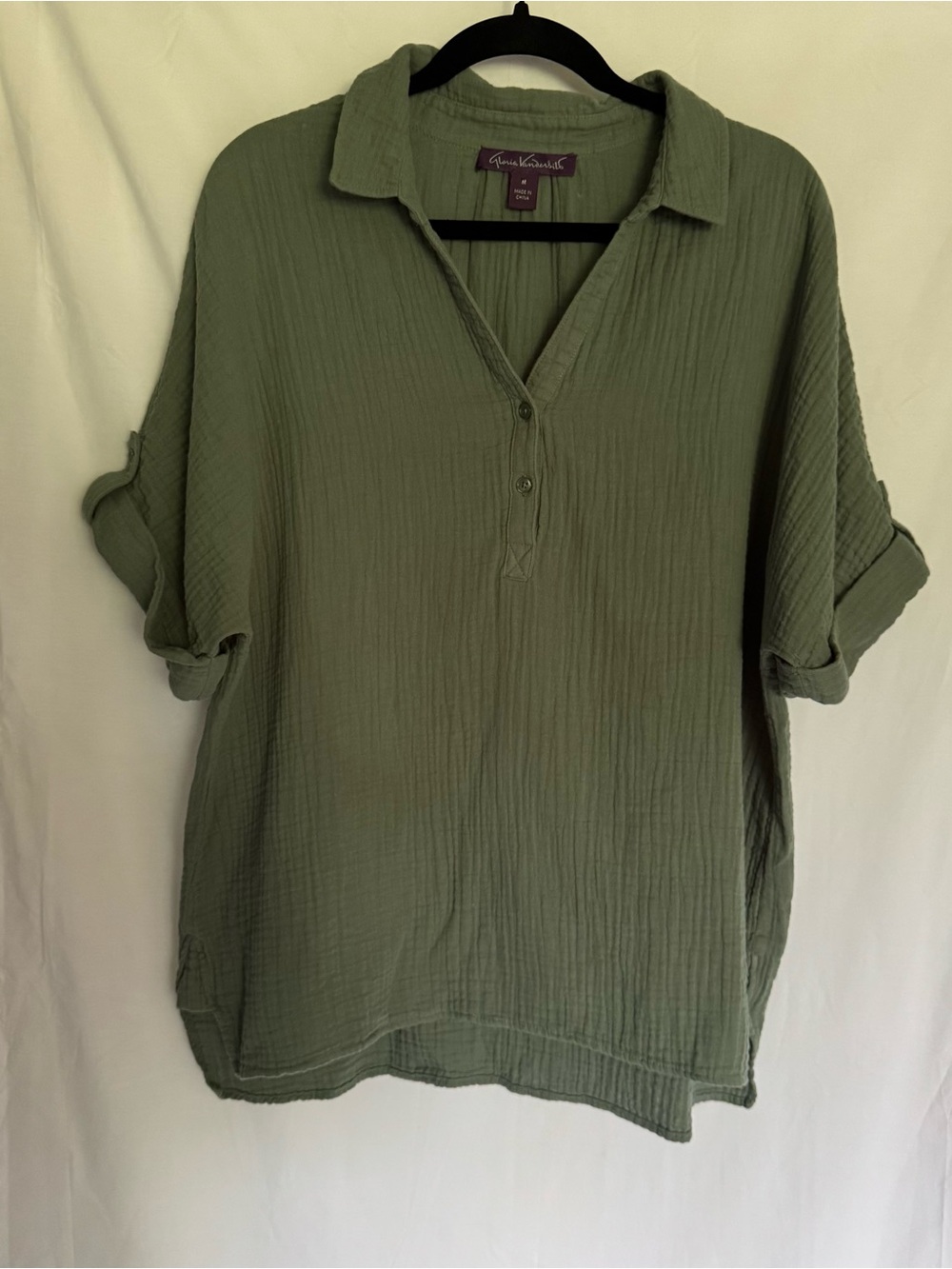 Sage Green Gauze Oversized Henley Top 100% Cotton Size M